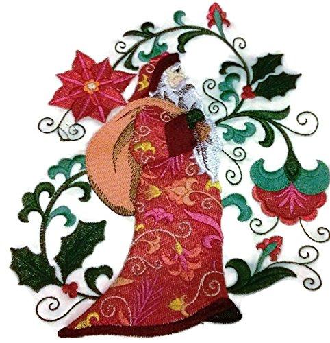 Merry Christmas Suzani Santa Claus embroidered patch featuring vibrant colors and intricate design, perfect for iron-on or sewing applications.