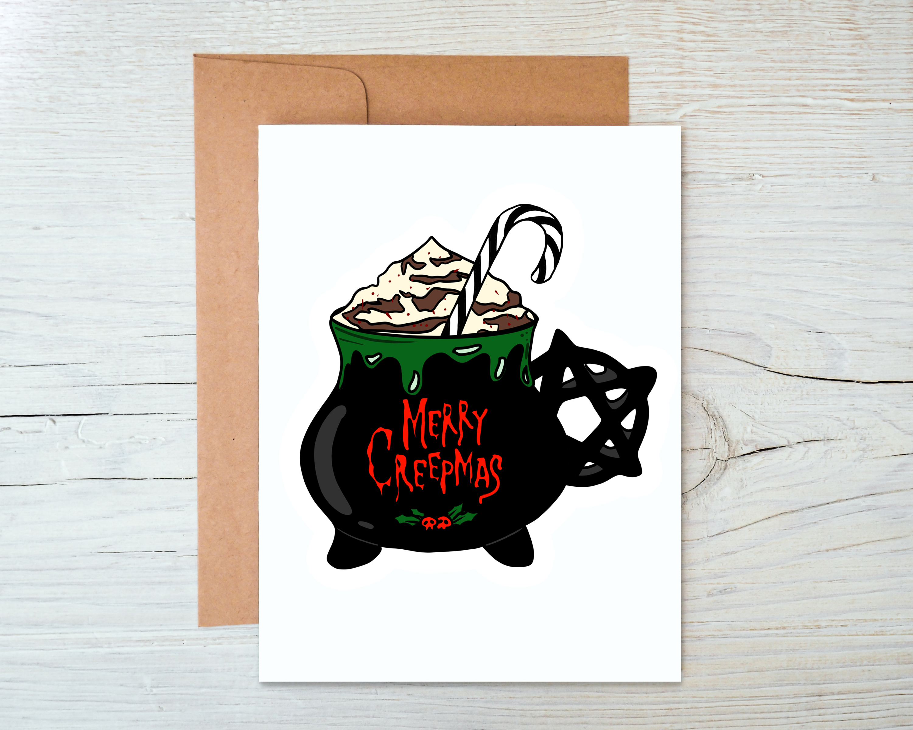 Merry Creepmas Mug Card with kraft envelope, featuring a festive design and blank interior for personal messages.