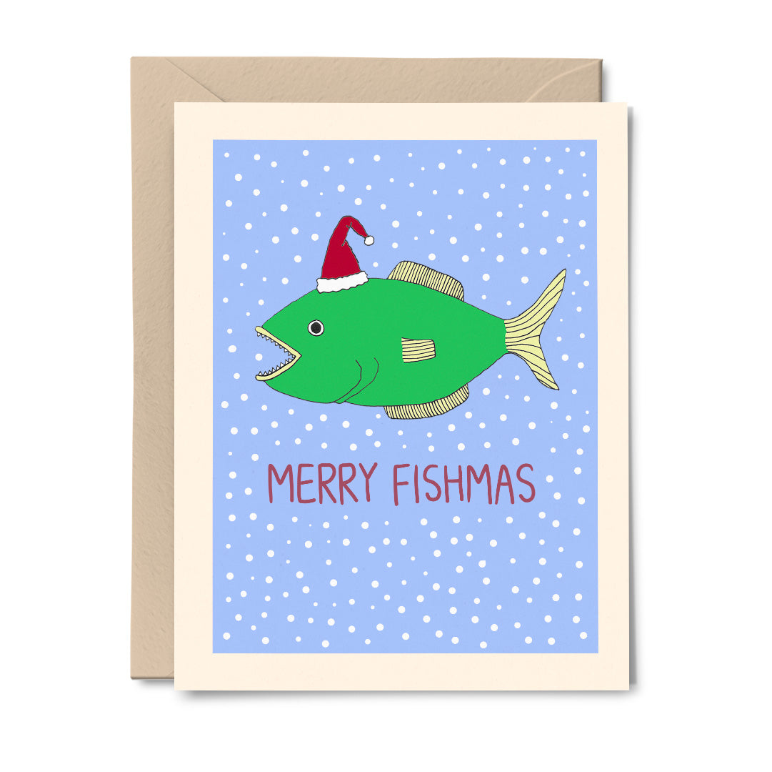 Merry Fishmas Christmas greeting card featuring an original drawing by Erwin Ong, showcasing festive fish in a whimsical design.