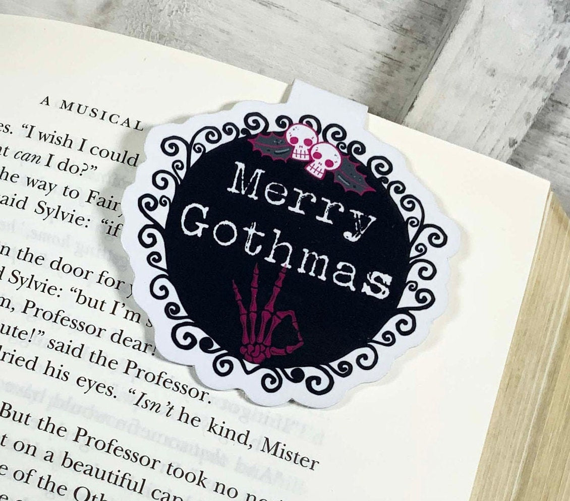 Merry Gothmas Magnetic Bookmark featuring a unique gothic design, double-sided, and made from durable materials.