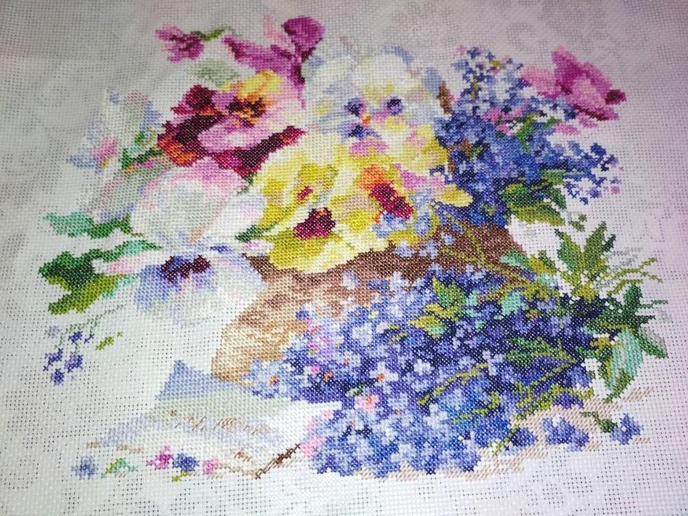 Message for the Beloved 2-24 Counted Cross-Stitch Kit featuring white aida fabric, colorful threads, and an embroidery needle.