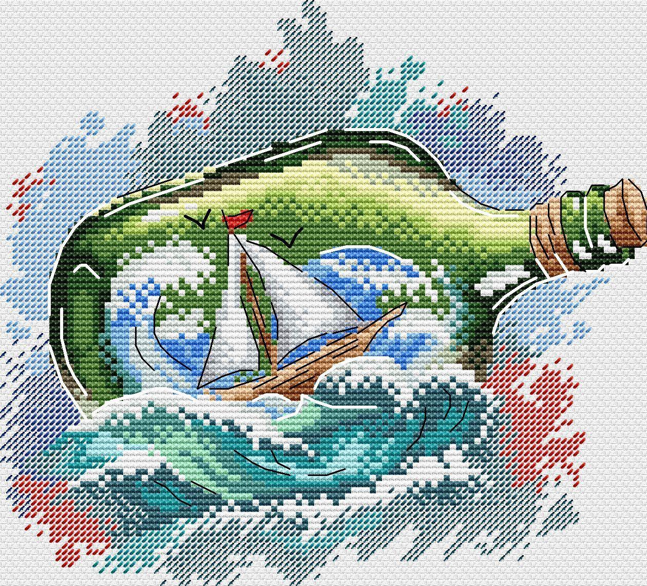 Message in a Bottle SV-684 Counted Cross Stitch Kit featuring water-soluble canvas and colorful threads.