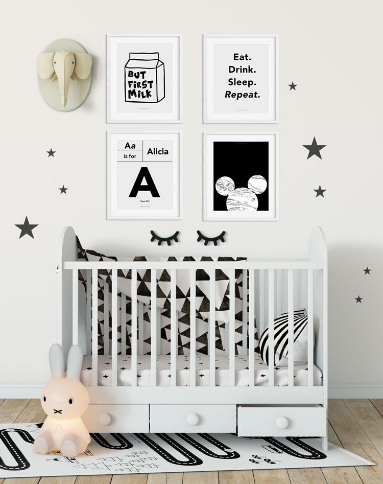 Mickey Noir wall art featuring a stylish design suitable for children's rooms, printed on high-quality stock.