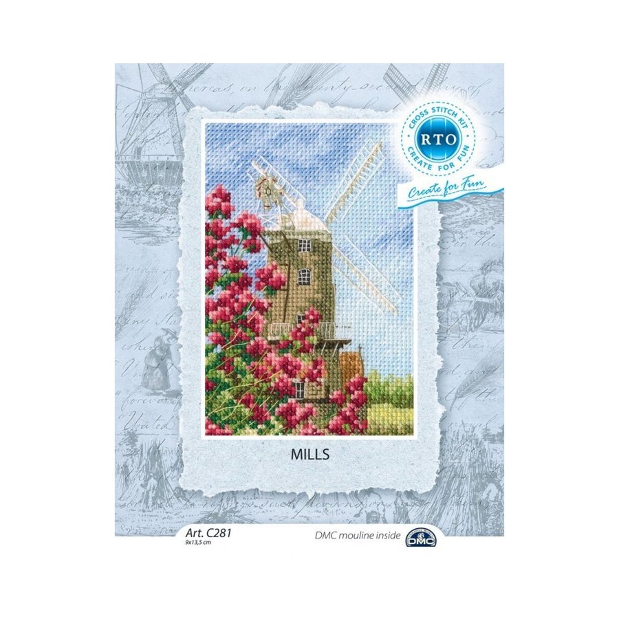 Mills C281 Counted Cross Stitch Kit featuring Aida canvas, DMC threads, and instructions for crafting.