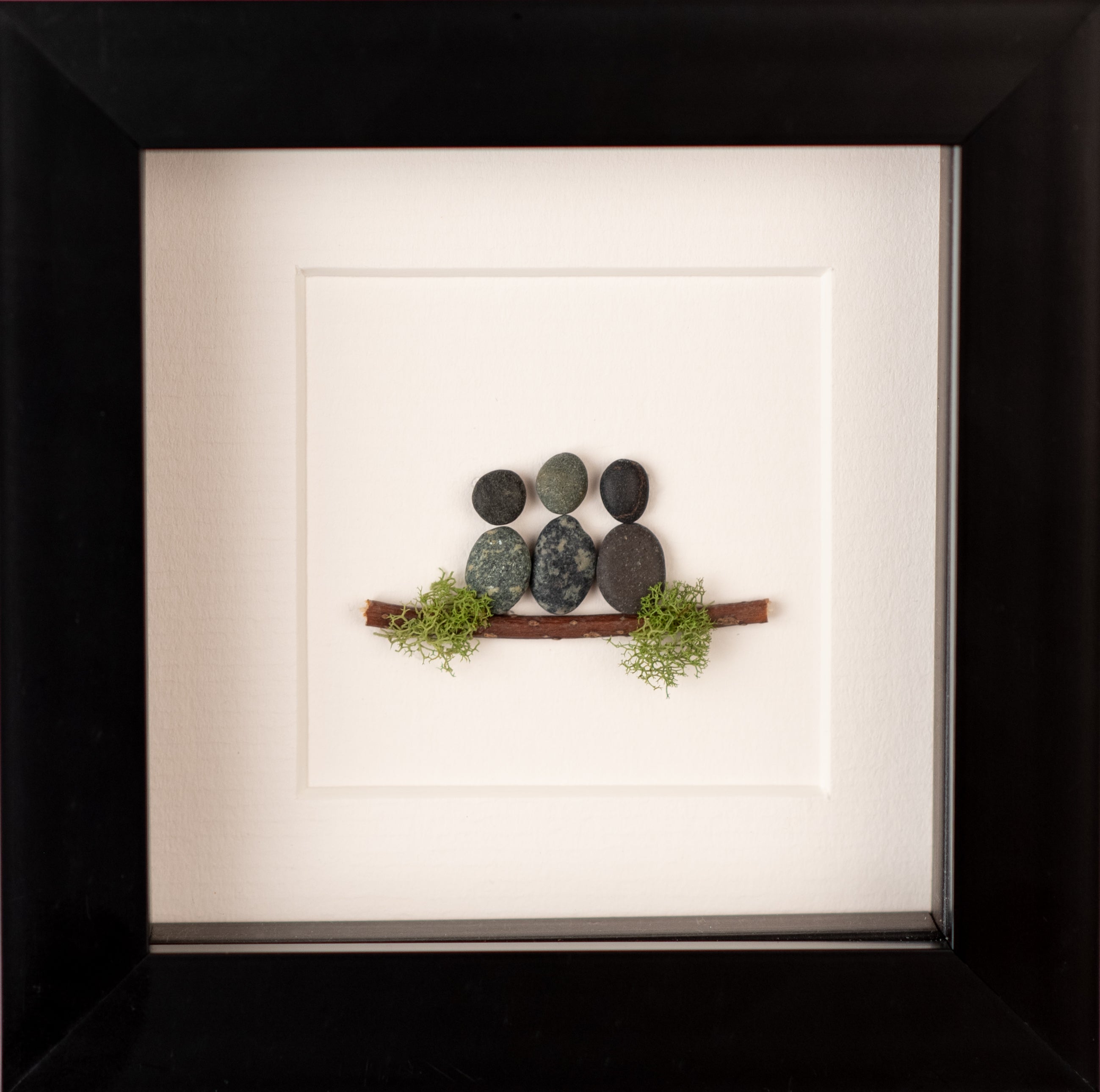 Mini Family of 3 artwork featuring unique natural materials, framed in black or white, symbolizing family love.