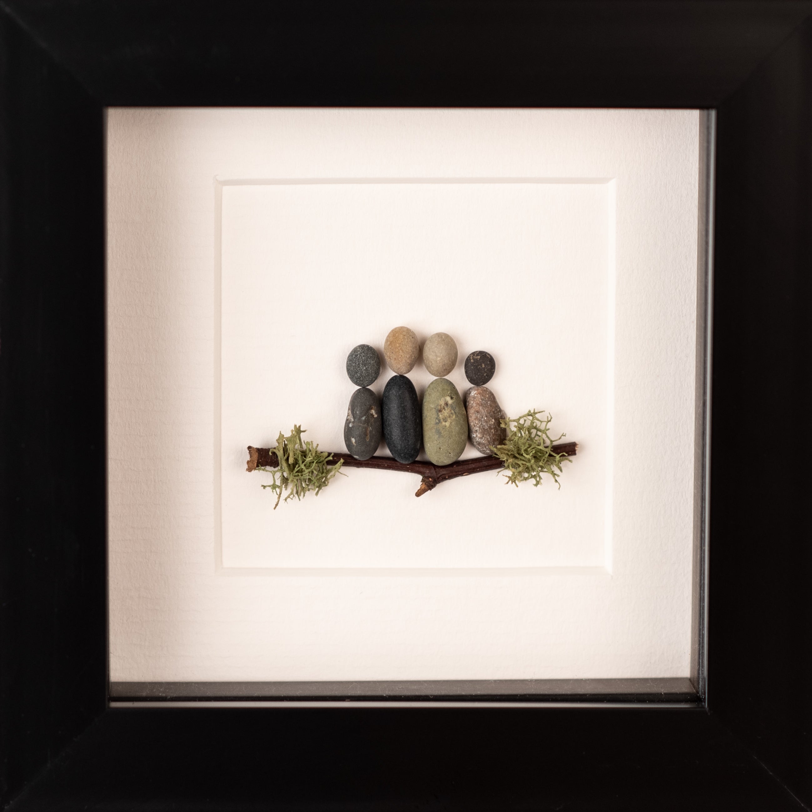 Mini Family of 3 artwork featuring unique natural materials, framed in black or white, symbolizing family love.