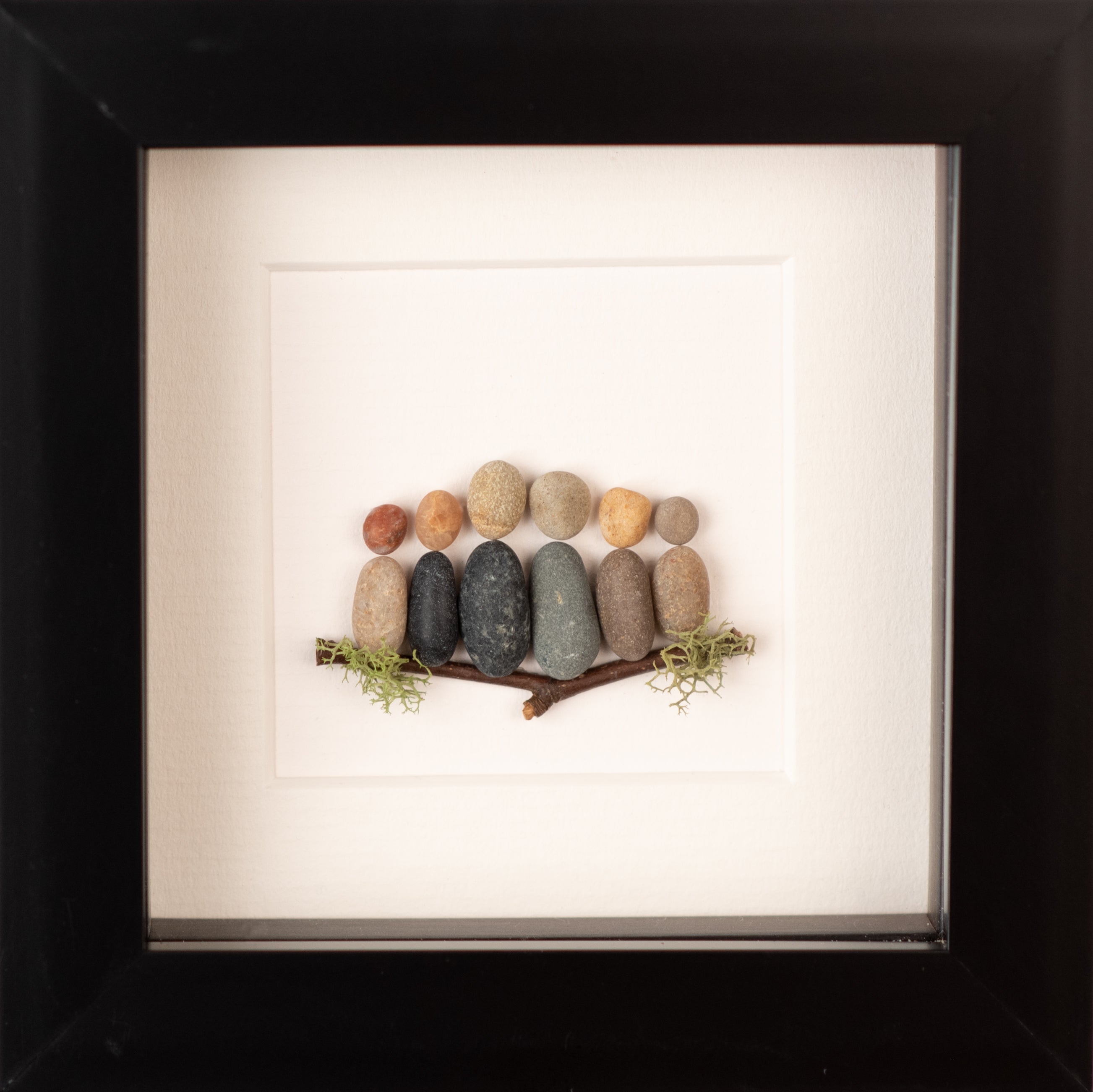 Mini Family of 3 artwork featuring unique natural materials, framed in black or white, symbolizing family love.