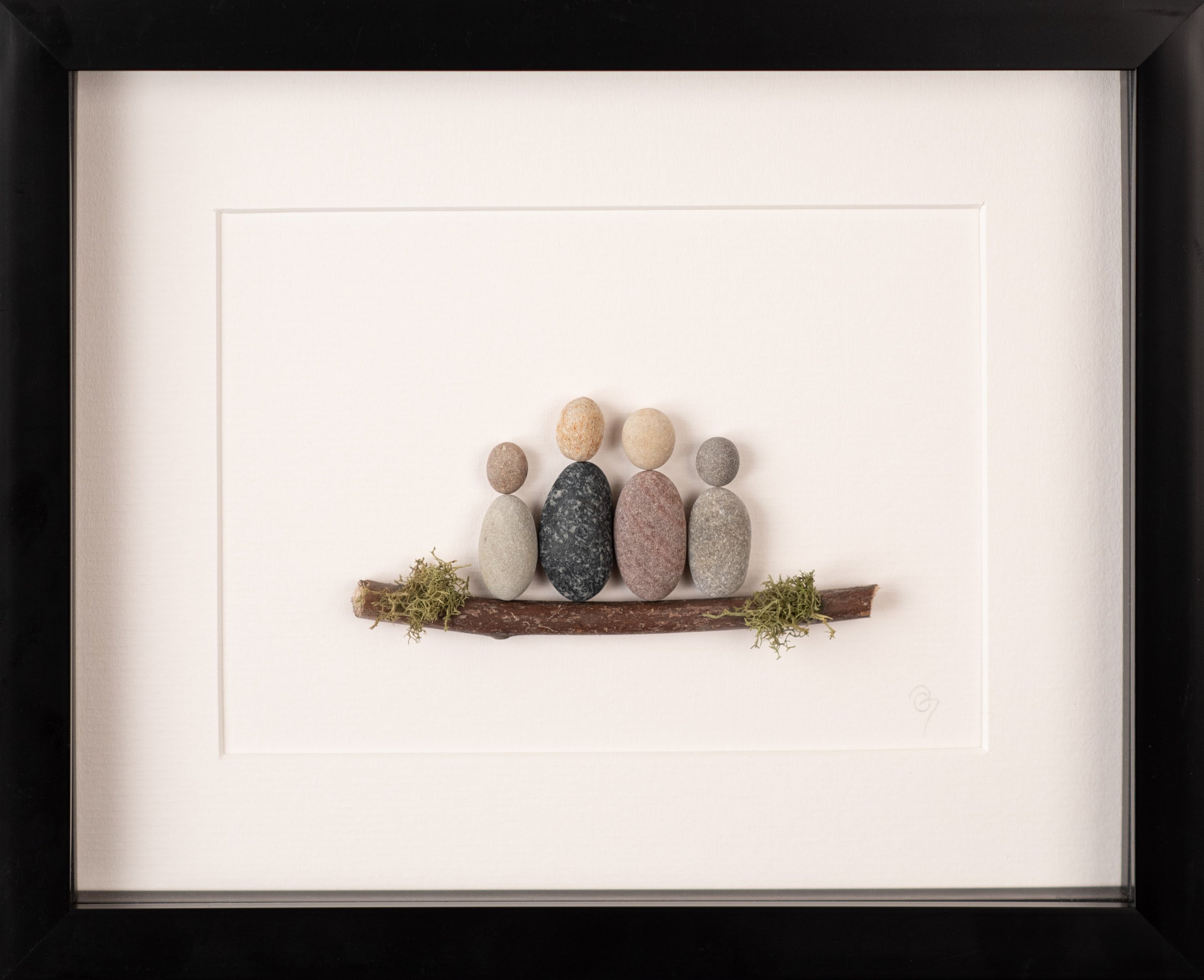 Mini Family of 3 artwork featuring unique natural materials, framed in black or white, symbolizing family love.