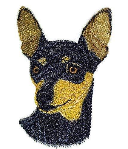 Miniature Pinscher Dog Face embroidery patch, 4x3.27 inches, showcasing intricate stitching and vibrant colors.