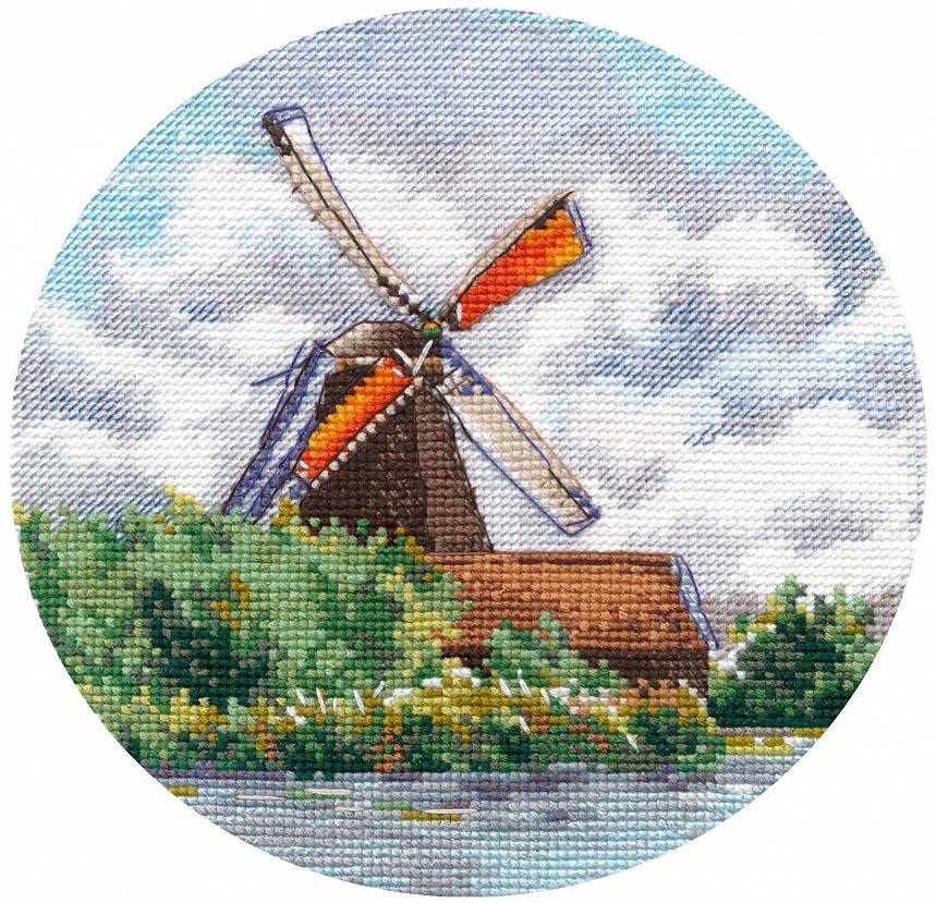 Miniature.Mill 1297 Counted Cross Stitch Kit featuring Aida canvas, colorful threads, and needle for crafting.