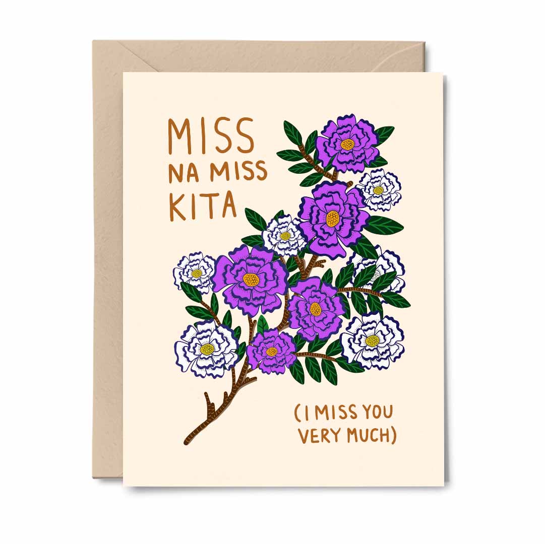 Miss Na Miss Kita card featuring white and purple floral illustration with the text 'I Miss You Very Much' in English and Tagalog.