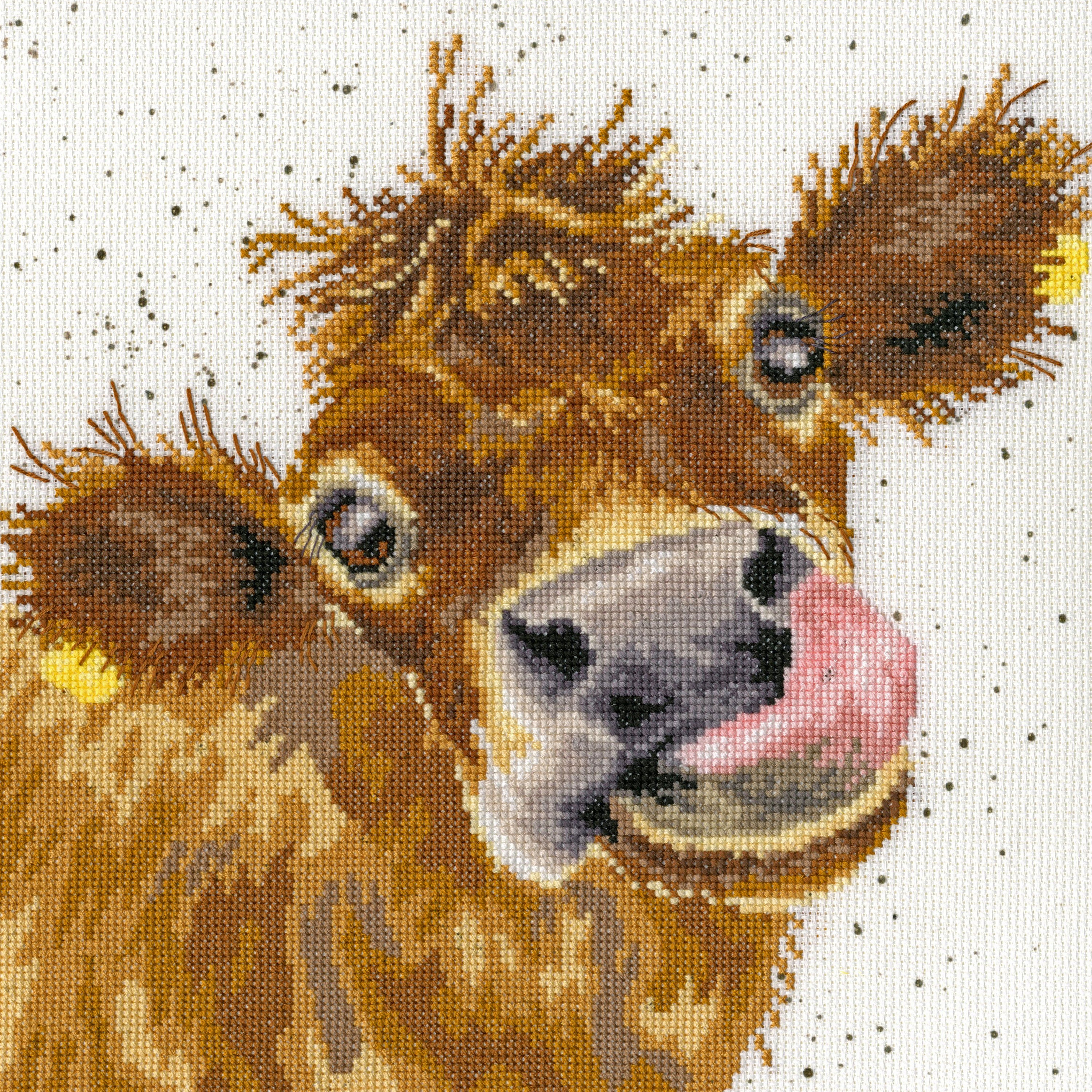 Moo XHD48 Counted Cross Stitch Kit featuring 14 count Zweigart Aida fabric, pre-sorted cotton threads, and included needle and instructions.