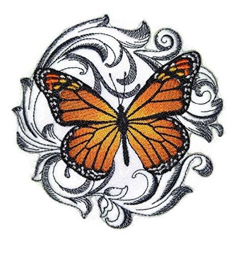 Monarch butterfly embroidered patch with baroque design, measuring 5 inches by 5 inches, suitable for iron-on or sew-on applications.