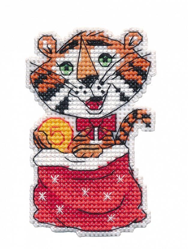 Money Tiger Magnet 1435 Counted Cross Stitch Kit with colorful threads and plastic canvas.