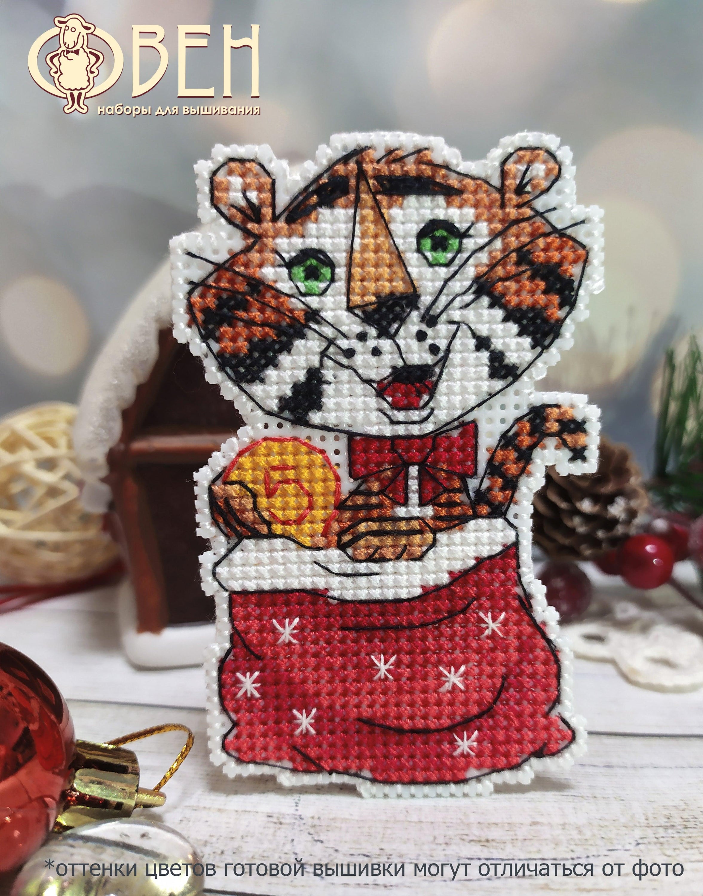 Money Tiger Magnet 1435 Counted Cross Stitch Kit with colorful threads and plastic canvas.