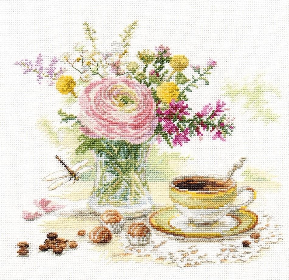 Morning Coffee 5-18 Cross-stitch kit featuring white Aida fabric, colorful threads, and an embroidery needle.