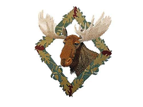 Moose in Autumn Leaf Frame embroidered patch, showcasing vibrant colors and intricate details, perfect for iron-on or sewing applications.