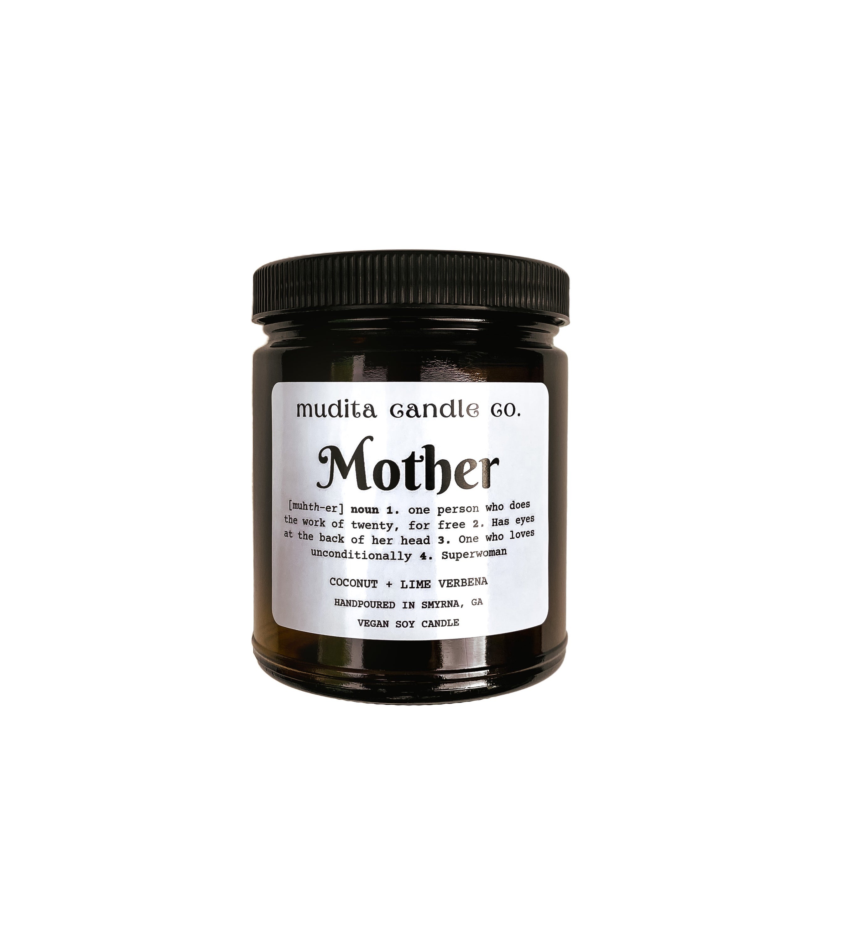 Mother (Definition) 9oz Candle in amber glass jar with black lid, featuring tropical coconut and lime scent.