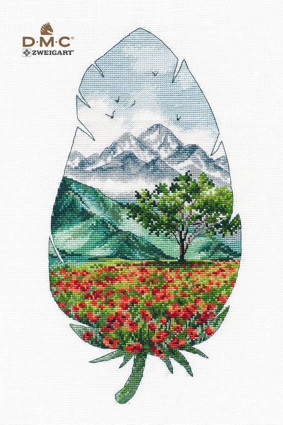 Mountain landscape counted cross stitch kit with vibrant threads and canvas.