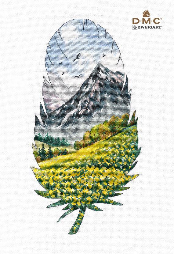 Mountain Landscape-1 Counted Cross Stitch Kit with canvas, threads, and needle, showcasing vibrant colors and detailed design.