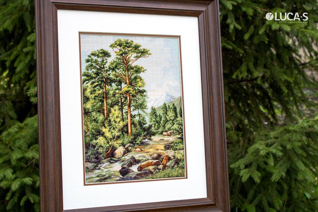 Mountain River B522L Counted Cross-Stitch Kit featuring Aida canvas, 36 Anchor colors, and needle, designed by Satarov.