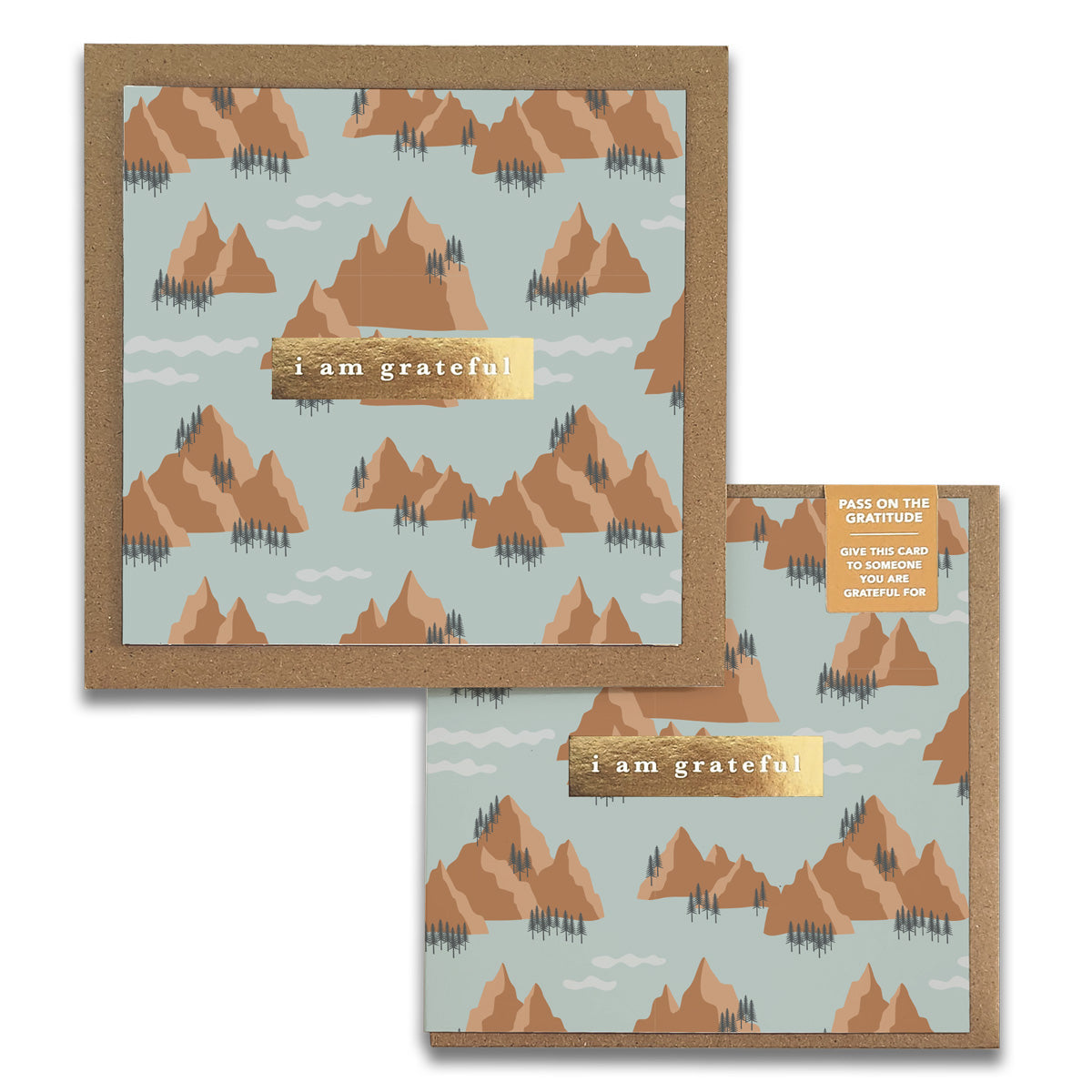 A set of Mountains Gratitude Greeting Cards featuring elegant gold foil designs and rustic kraft envelopes, perfect for sharing positivity.