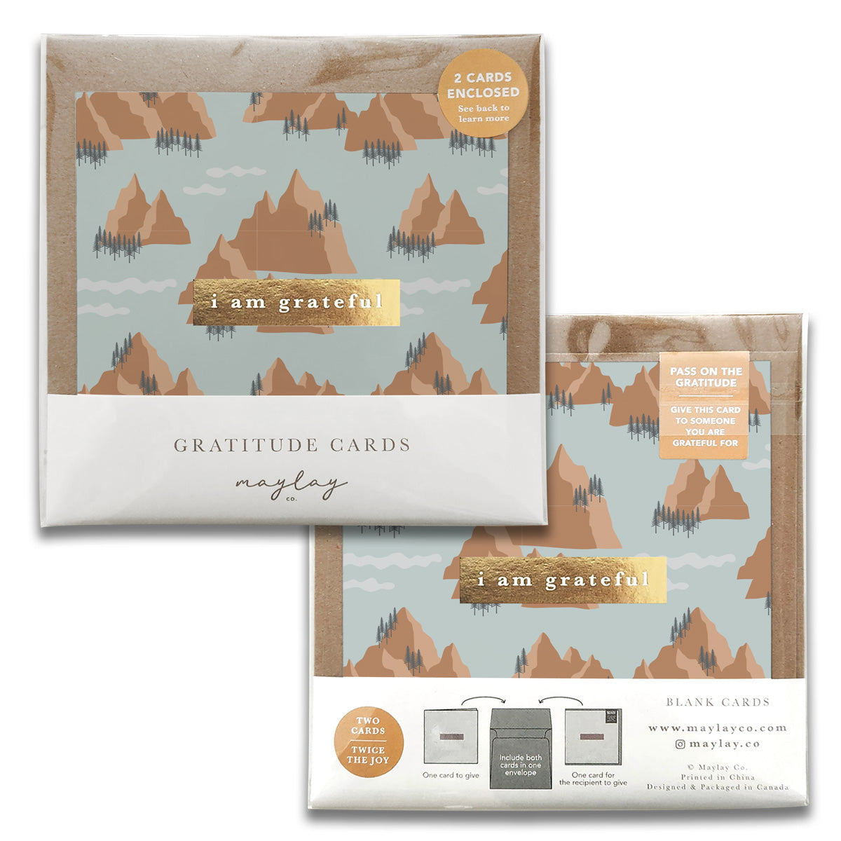 A set of Mountains Gratitude Greeting Cards featuring elegant gold foil designs and rustic kraft envelopes, perfect for sharing positivity.