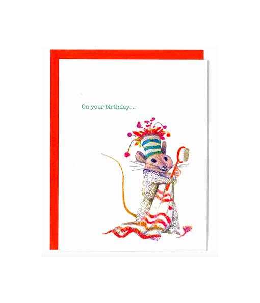 Mousie Beaucoup set of 8 unique birthday cards featuring whimsical mice designs with colorful envelopes in a tidy box.