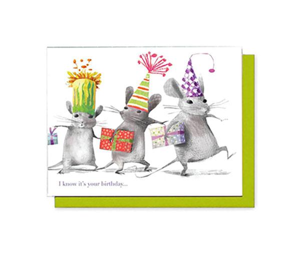 Mousie Beaucoup set of 8 unique birthday cards featuring whimsical mice designs with colorful envelopes in a tidy box.