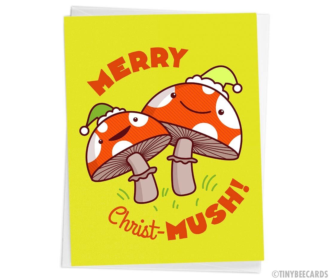 Mushroom Christmas Card featuring two red kawaii mushrooms in elf hats with pun text.