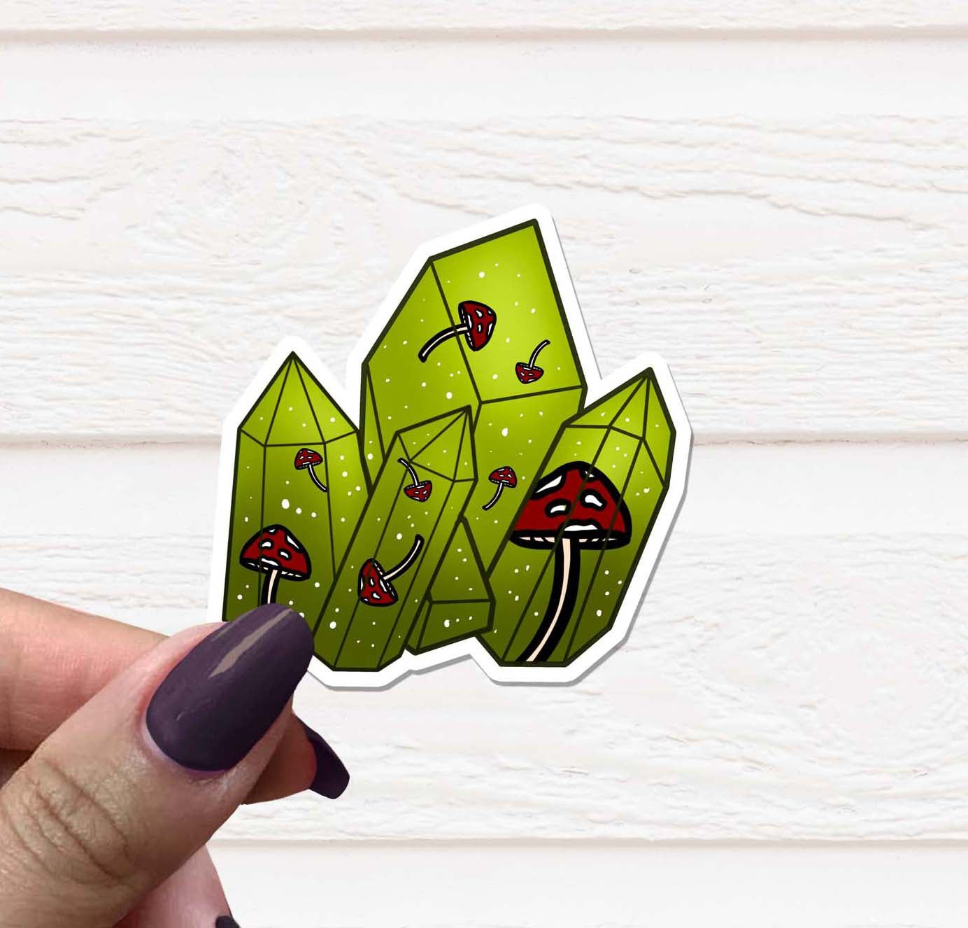 Mushroom Crystal Vinyl Sticker on a white background, showcasing vibrant colors and intricate design.