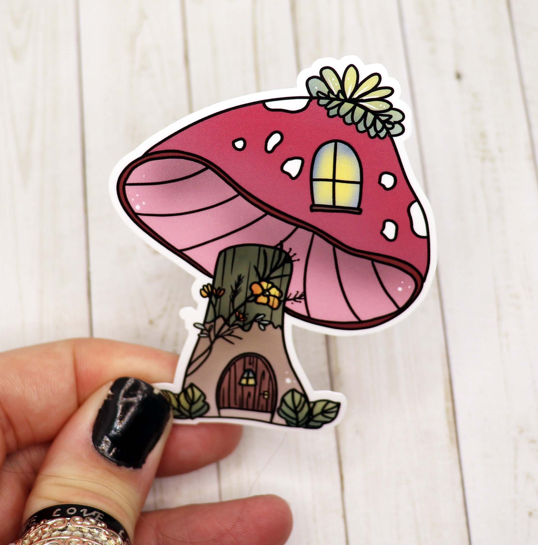 A colorful Mushroom House Sticker on a white background, showcasing its whimsical design and high-quality matte finish.