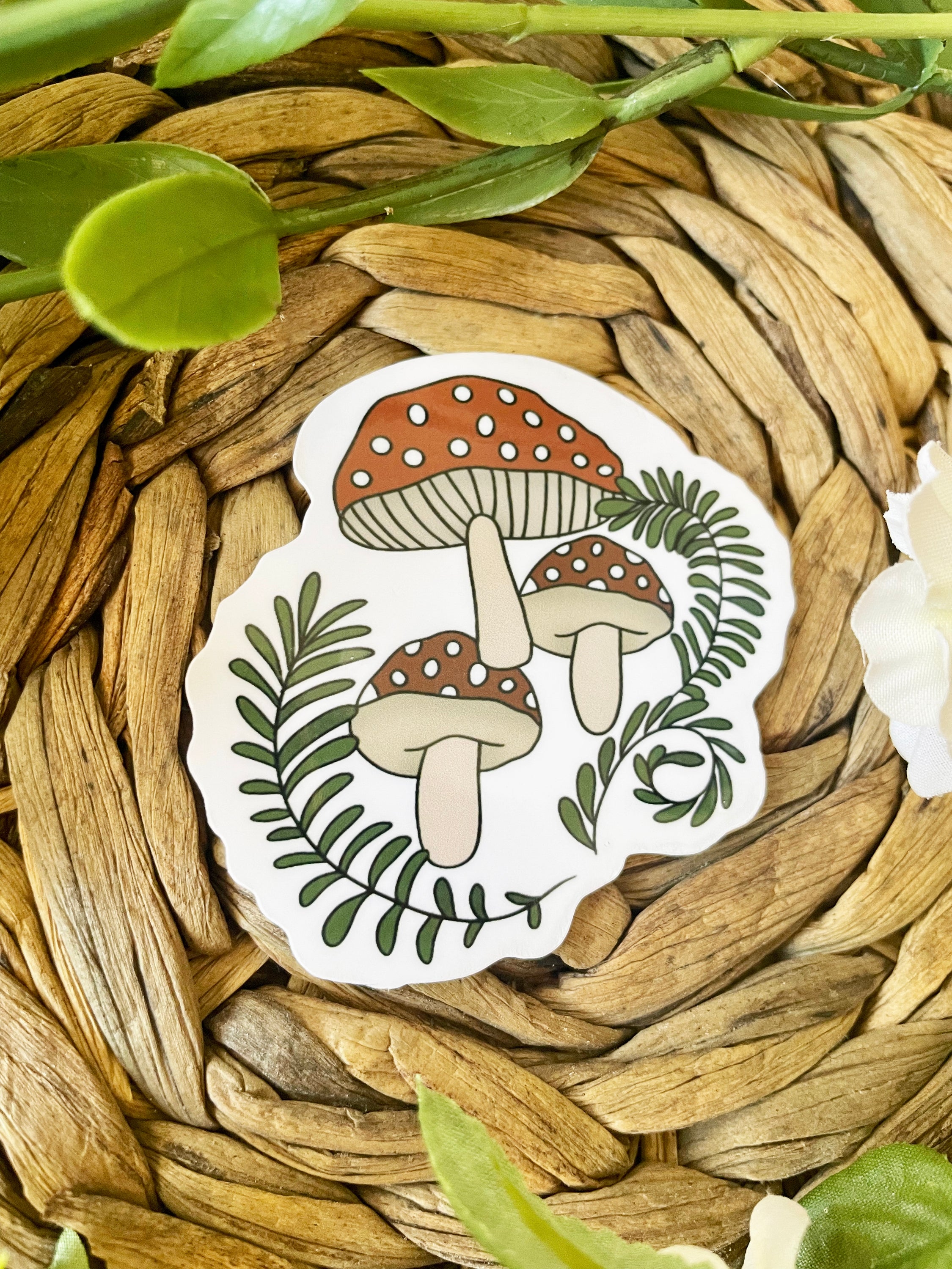 A vibrant and cute mushroom sticker designed for personalizing items like hydroflasks and laptops.