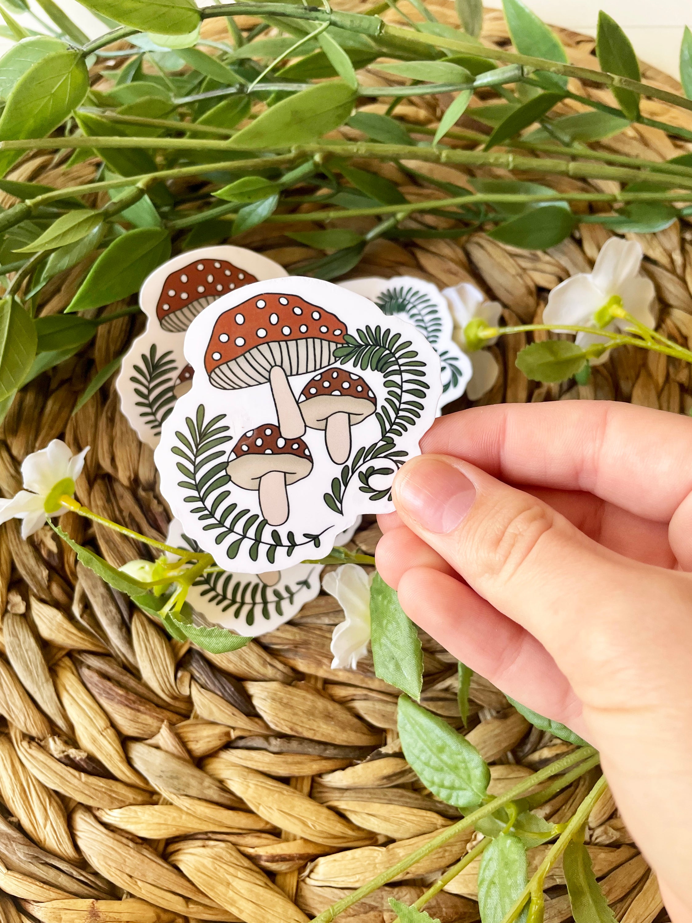 A vibrant and cute mushroom sticker designed for personalizing items like hydroflasks and laptops.