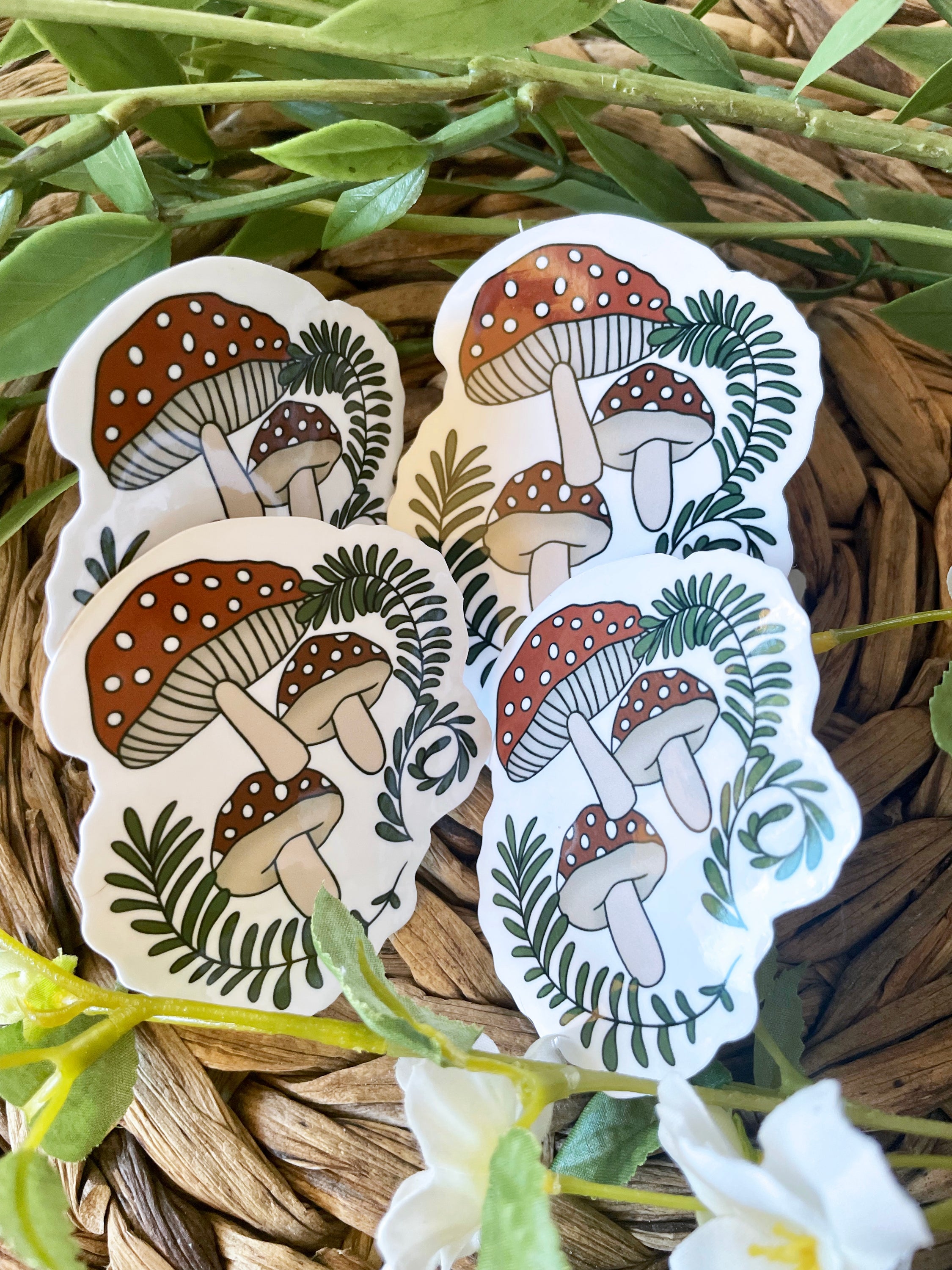 A vibrant and cute mushroom sticker designed for personalizing items like hydroflasks and laptops.