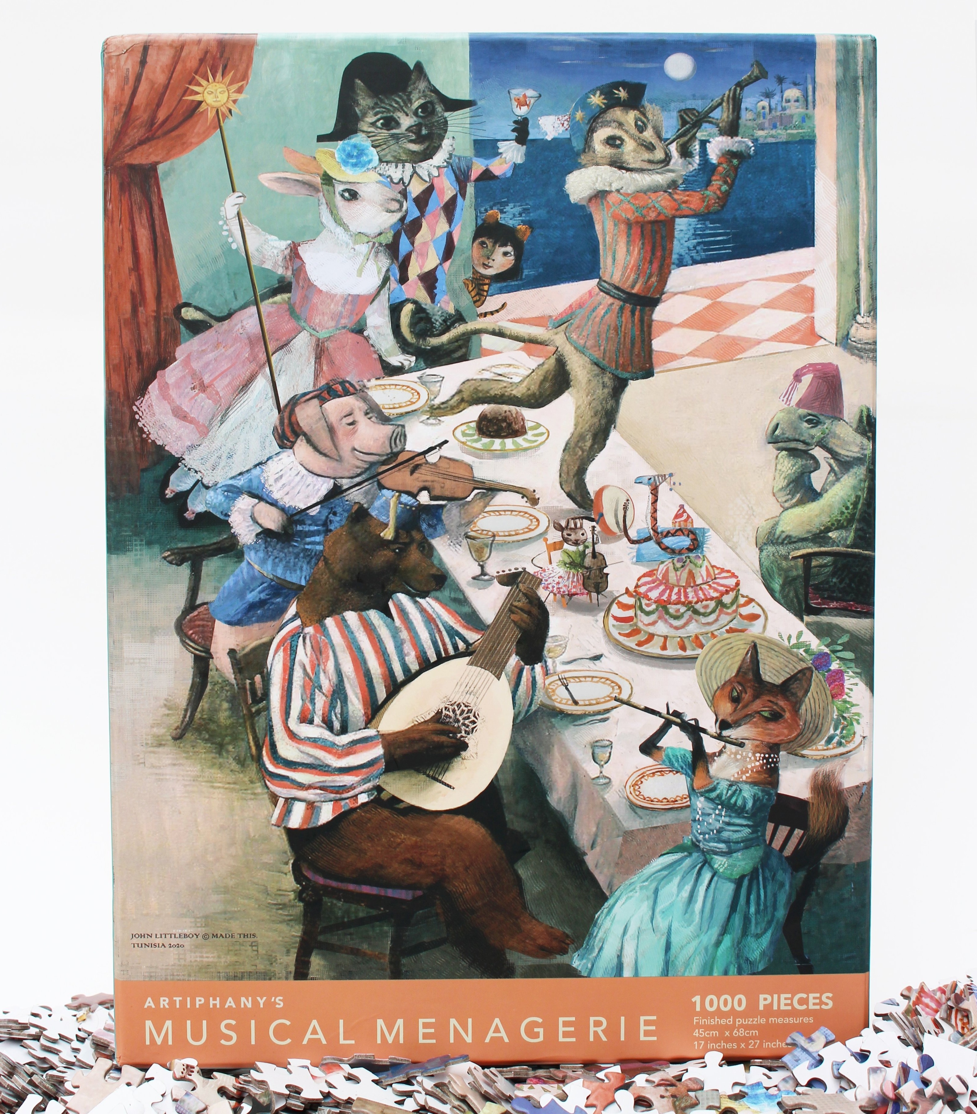 Musical Mosaic jigsaw puzzle featuring colorful pieces depicting a whimsical birthday celebration with musical guests.