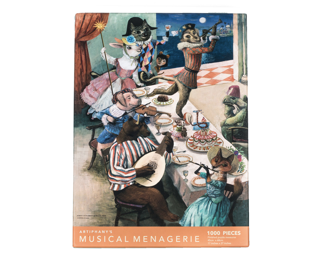 Musical Mosaic jigsaw puzzle featuring colorful pieces depicting a whimsical birthday celebration with musical guests.