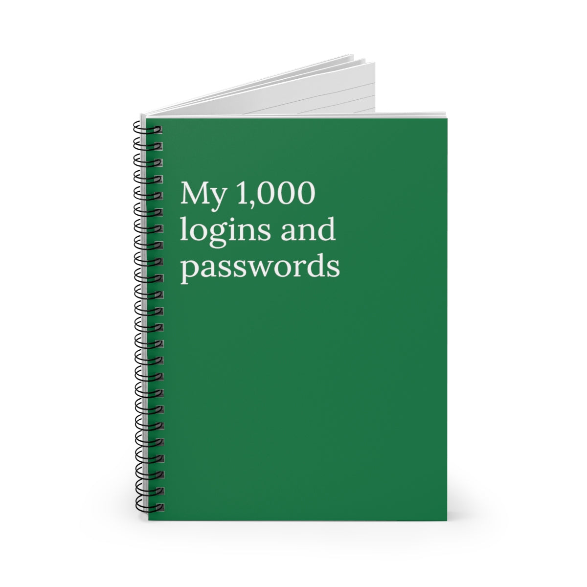 A humorous spiral notebook titled 'My 1,000 Passwords and Logins' with ruled pages, perfect for organizing passwords.