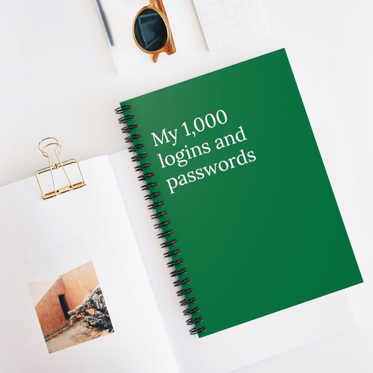 A humorous spiral notebook titled 'My 1,000 Passwords and Logins' with ruled pages, perfect for organizing passwords.