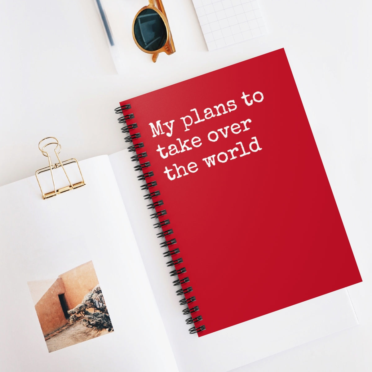 My Plans to Take Over the World Spiral Funny Notebook with a humorous cover design and ruled line pages.