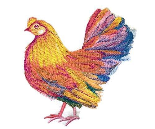 Vibrant watercolor hen embroidery patch on a cotton base, showcasing intricate details and bright colors.