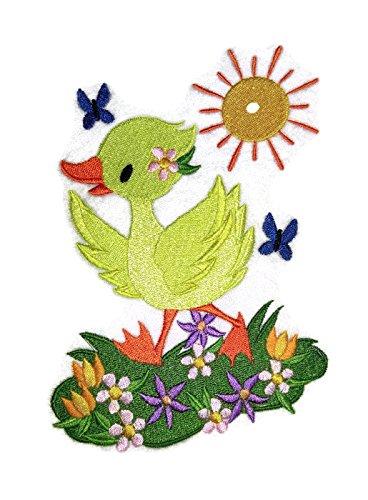 Sunny Day Duck embroidered patch featuring vibrant colors and intricate details, perfect for iron-on or sewing applications.