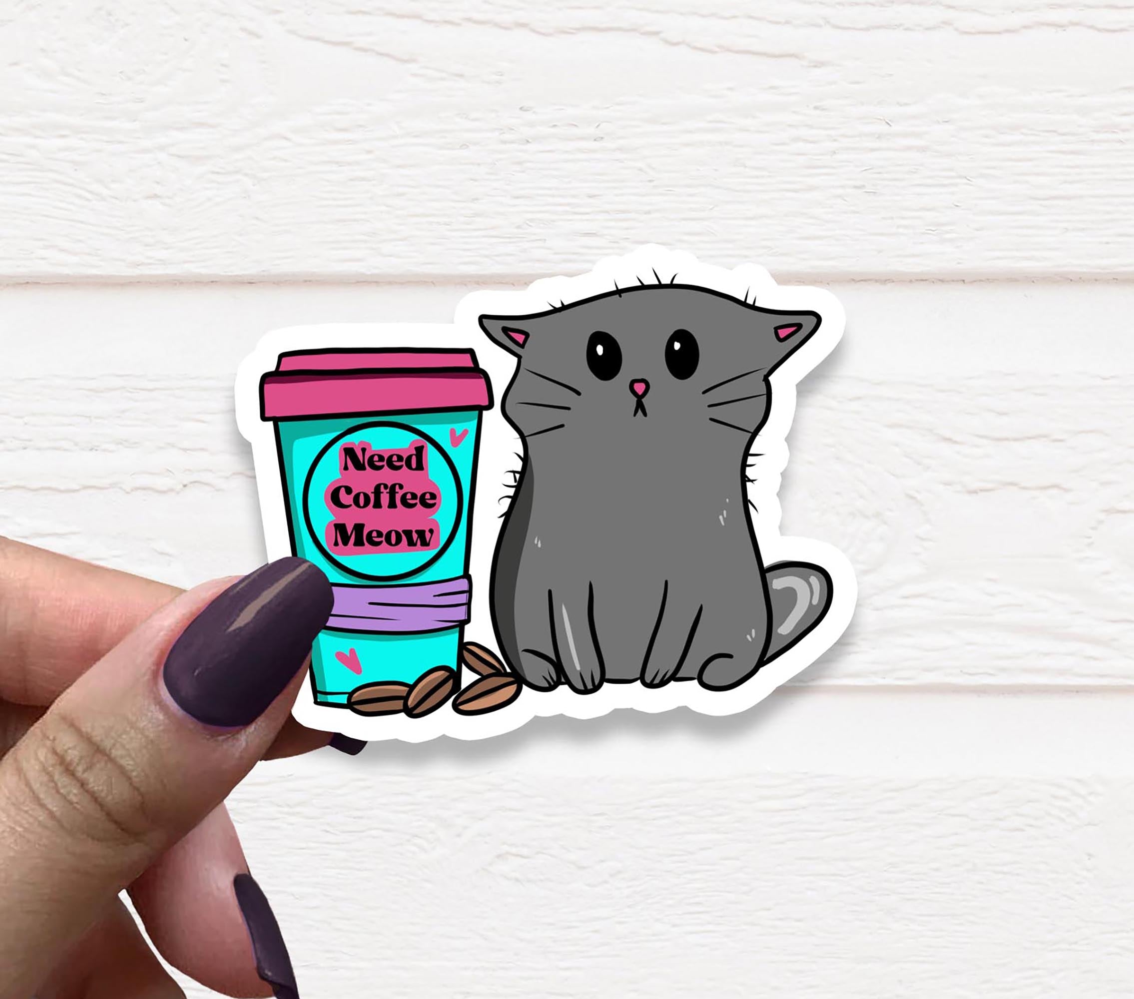 A 3-inch vinyl sticker featuring a cute cat design with the text 'Need Coffee Meow', perfect for personalizing various items.