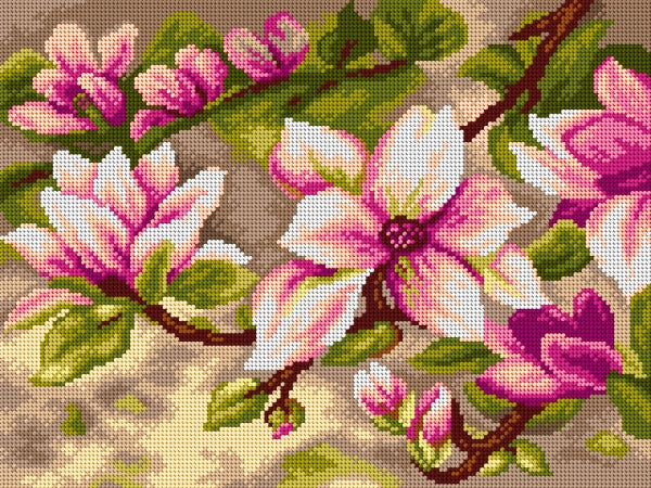 Blooming Magnolia needlepoint canvas for halfstitch, featuring a vibrant floral design on high-quality Zweigart canvas.