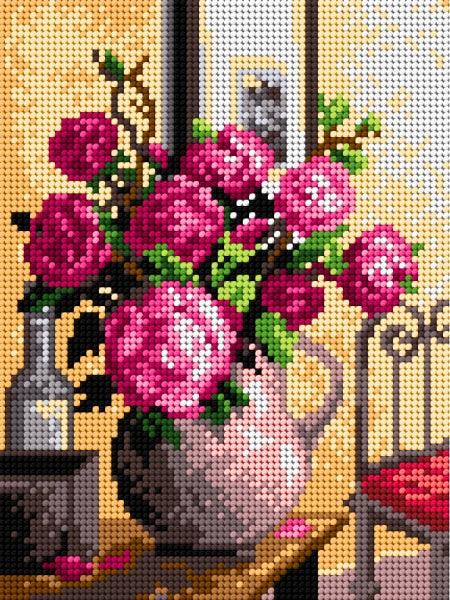 Needlepoint canvas featuring a vibrant Bouquet of Roses design, perfect for halfstitch techniques.