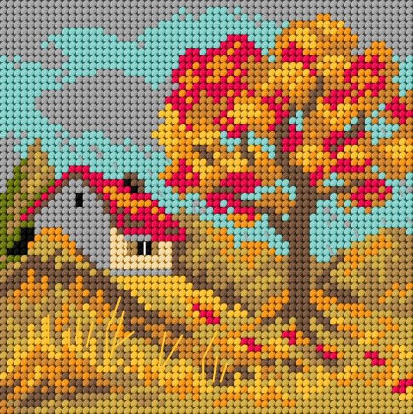 Needlepoint canvas featuring an Autumn design, measuring 15x15 cm, printed on high-quality Zweigart material.