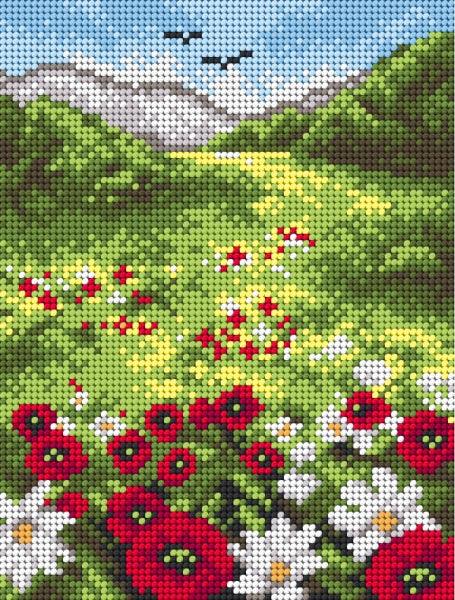 Needlepoint canvas for halfstitch featuring the On the Meadow design, printed on high-quality Zweigart canvas, measuring 18x24 cm.