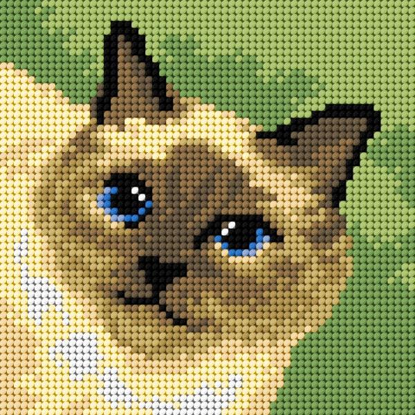 Needlepoint canvas featuring a Siamese Cat design, measuring 15x15 cm, printed on high-quality Zweigart material.