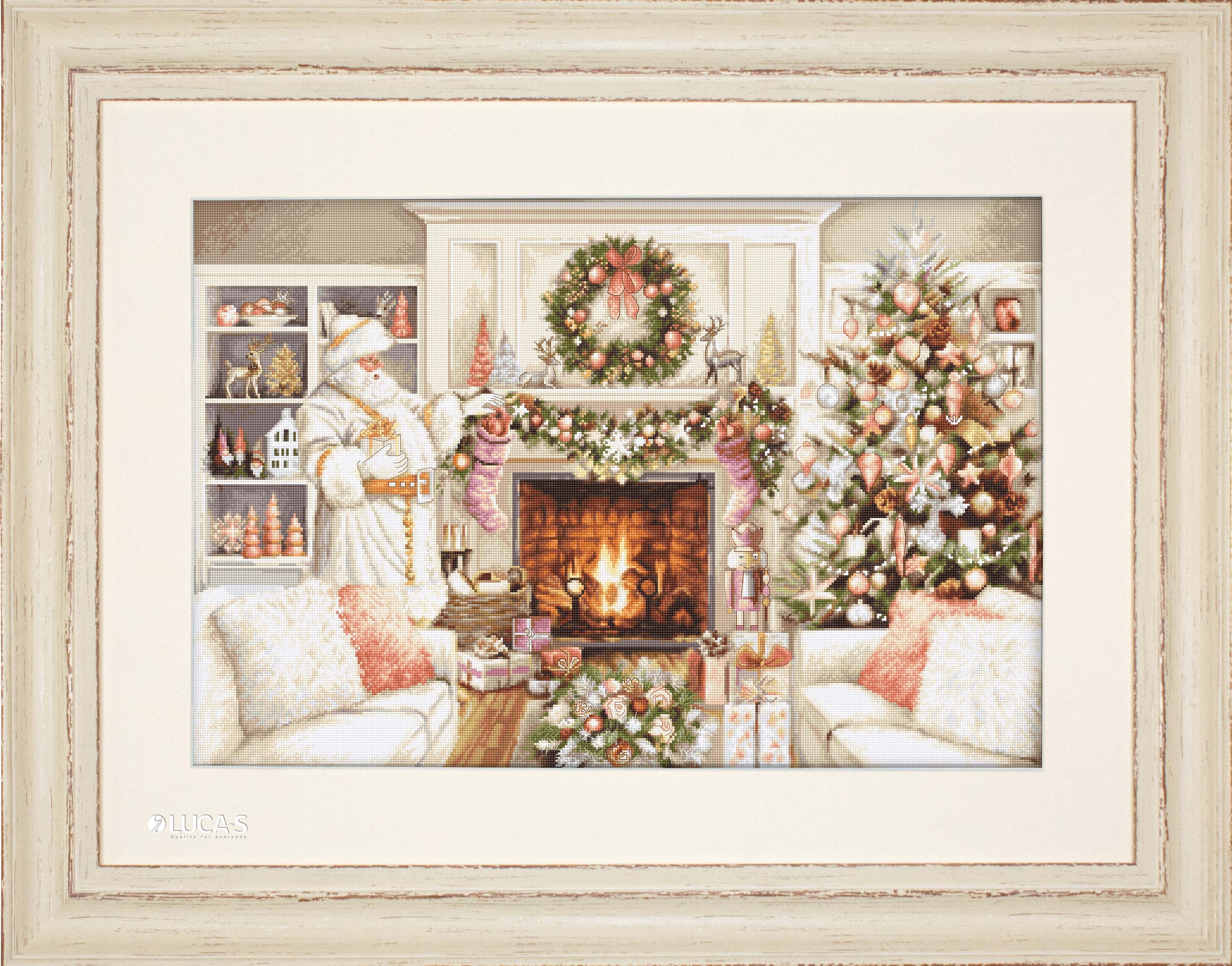 New Year B2416L Counted Cross-Stitch Kit with colorful threads, canvas, and needle displayed on a table.