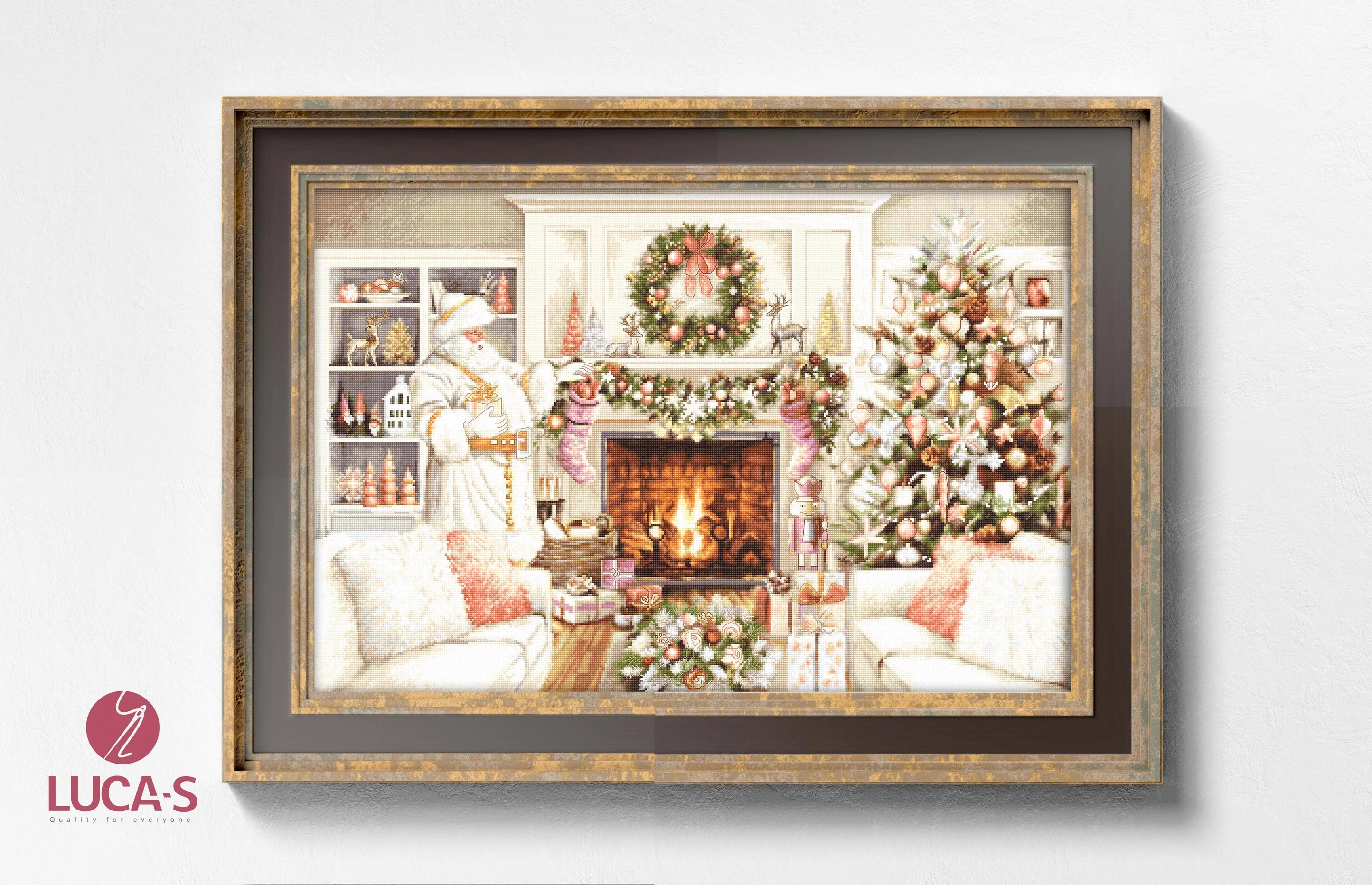 New Year B2416L Counted Cross-Stitch Kit with colorful threads, canvas, and needle displayed on a table.